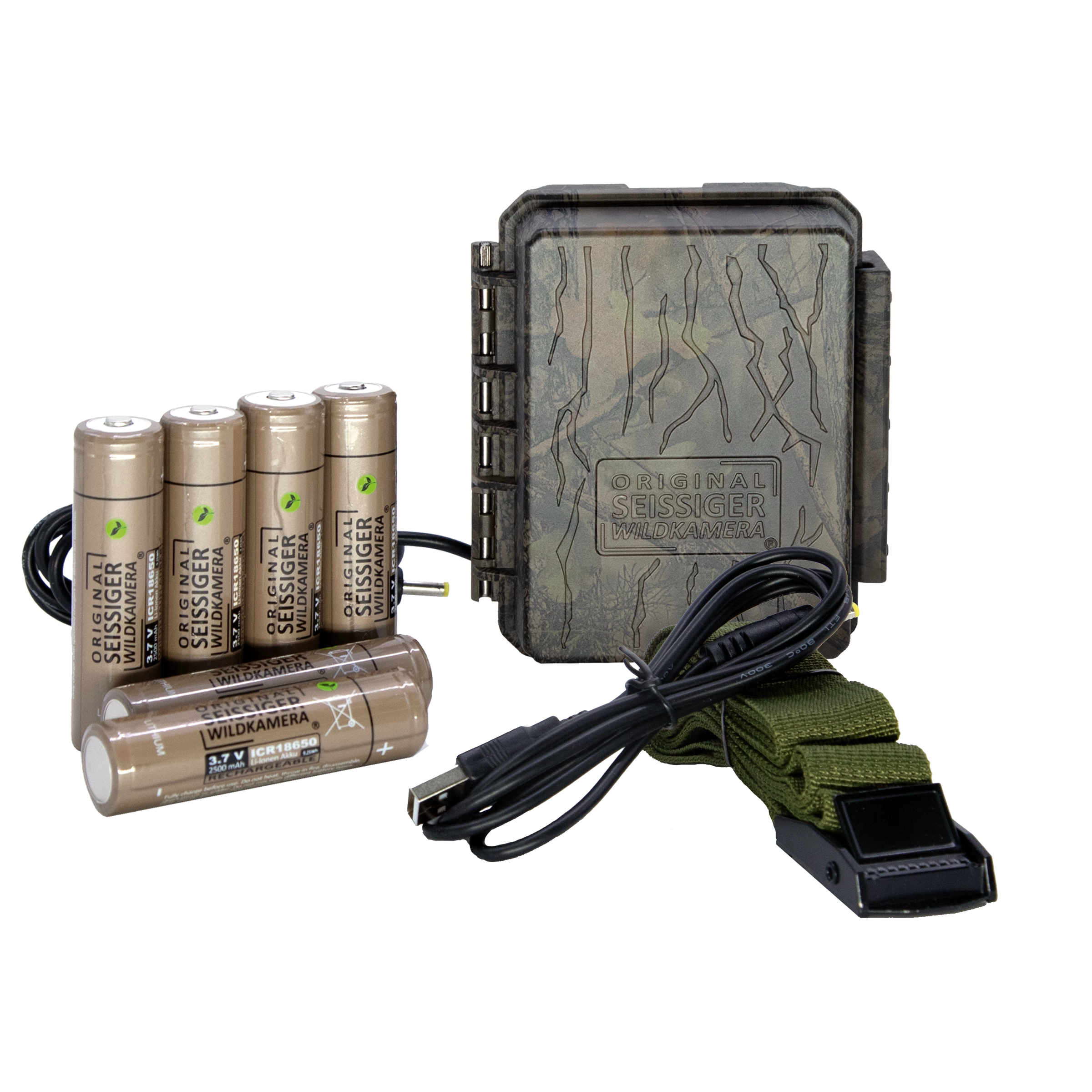 Seissiger Akkupack mit sechs 18650 Li-Ion-Akkus, grünem Baumgurt, Ladekabel und camouflagefarbenem Gehäuse