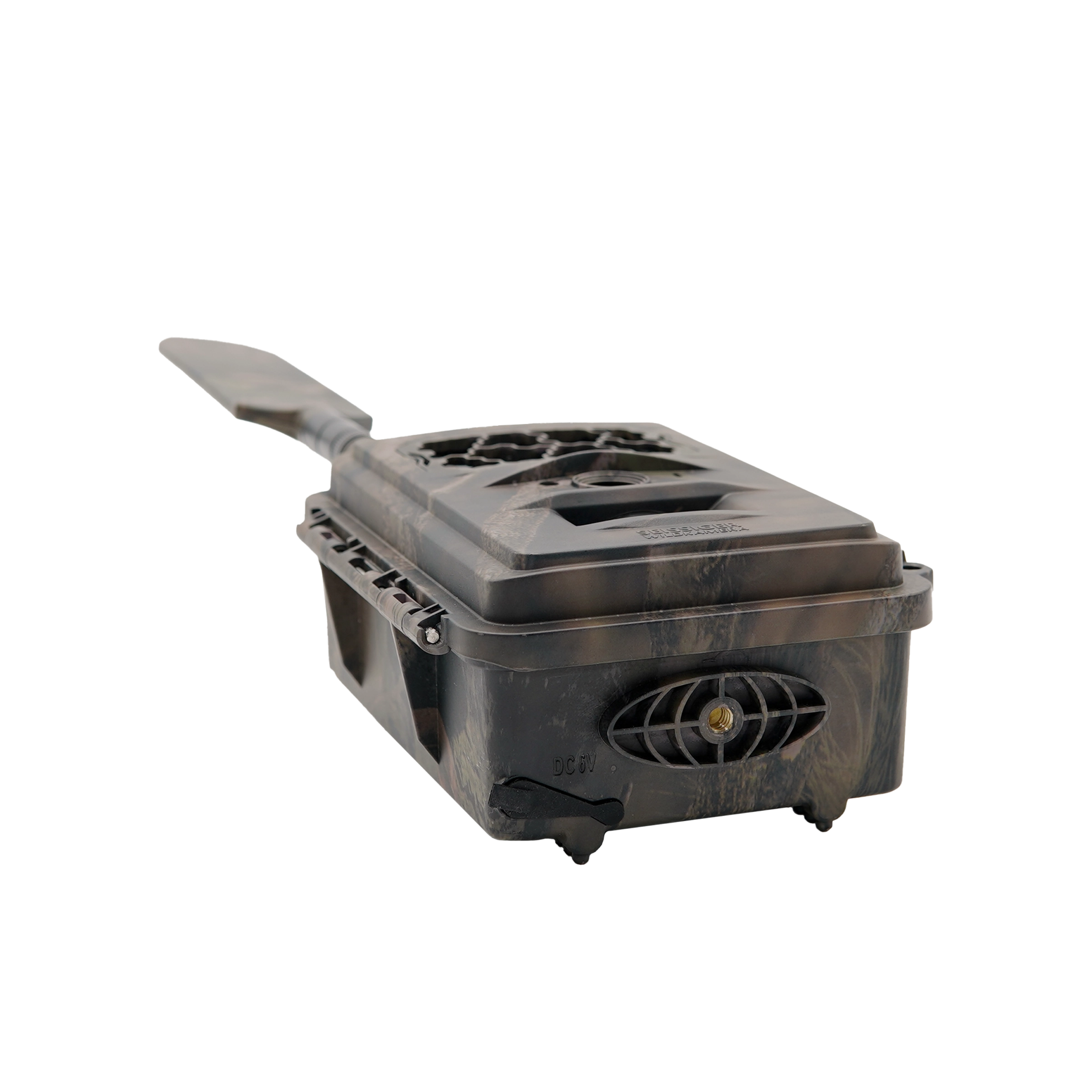 Seissiger Wildkamera Base-Cam LTE liegend, mit sichtbarem Montagegewinde und geschlossener Abdeckung für externe Stromversorgung