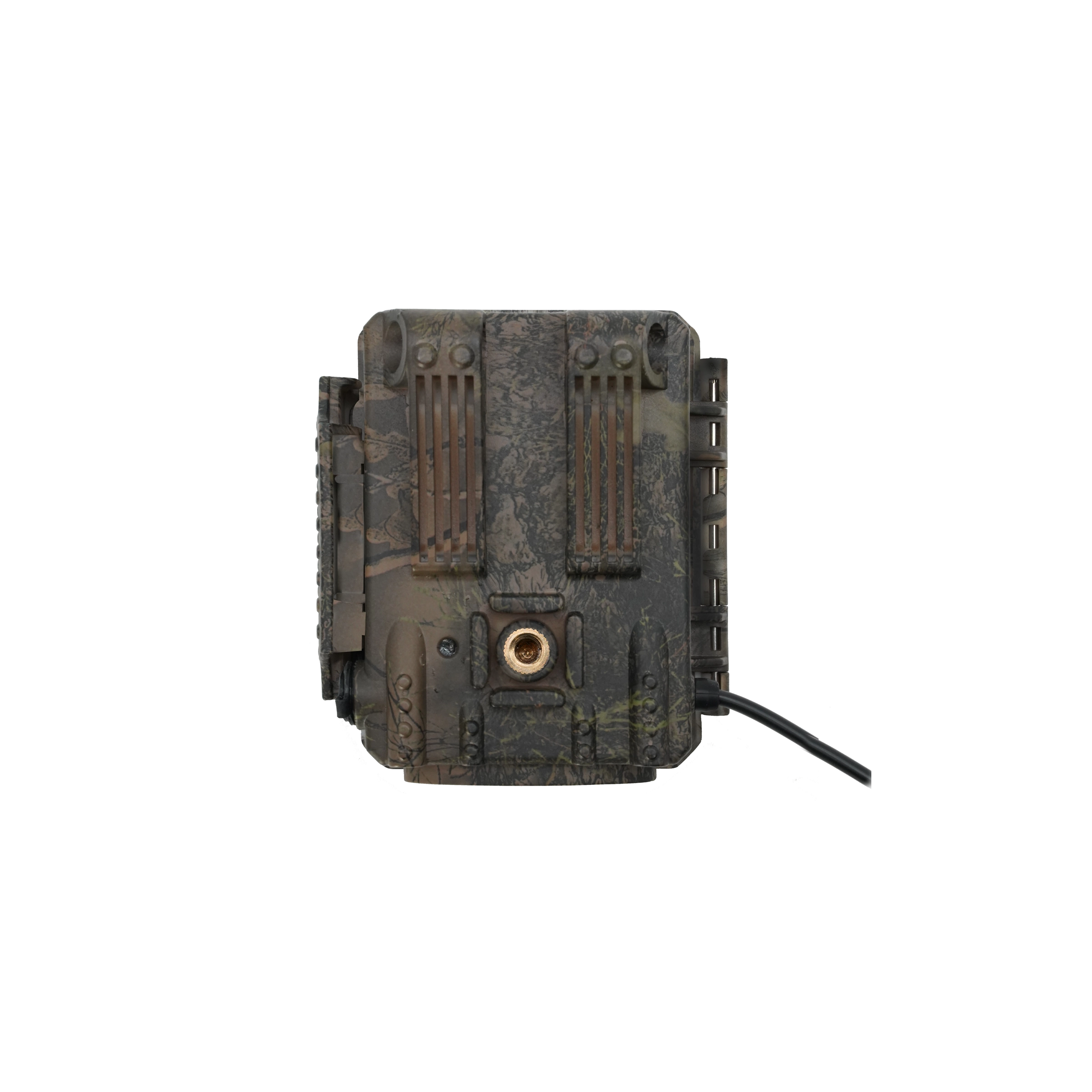 Nahaufnahme eines rechteckigen Akkupacks mit Gewindeanschluss und Kabel an der Seite