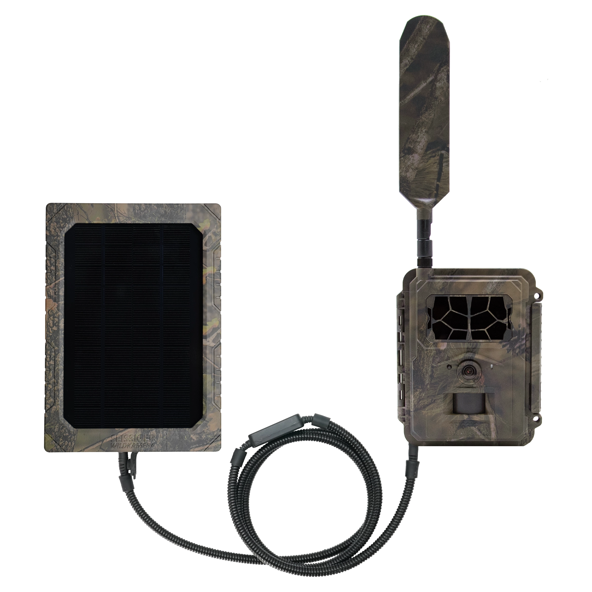Solarpanel und Wildkamera im Tarnmuster mit Kabelverbindung für energieautarkes Überwachen.