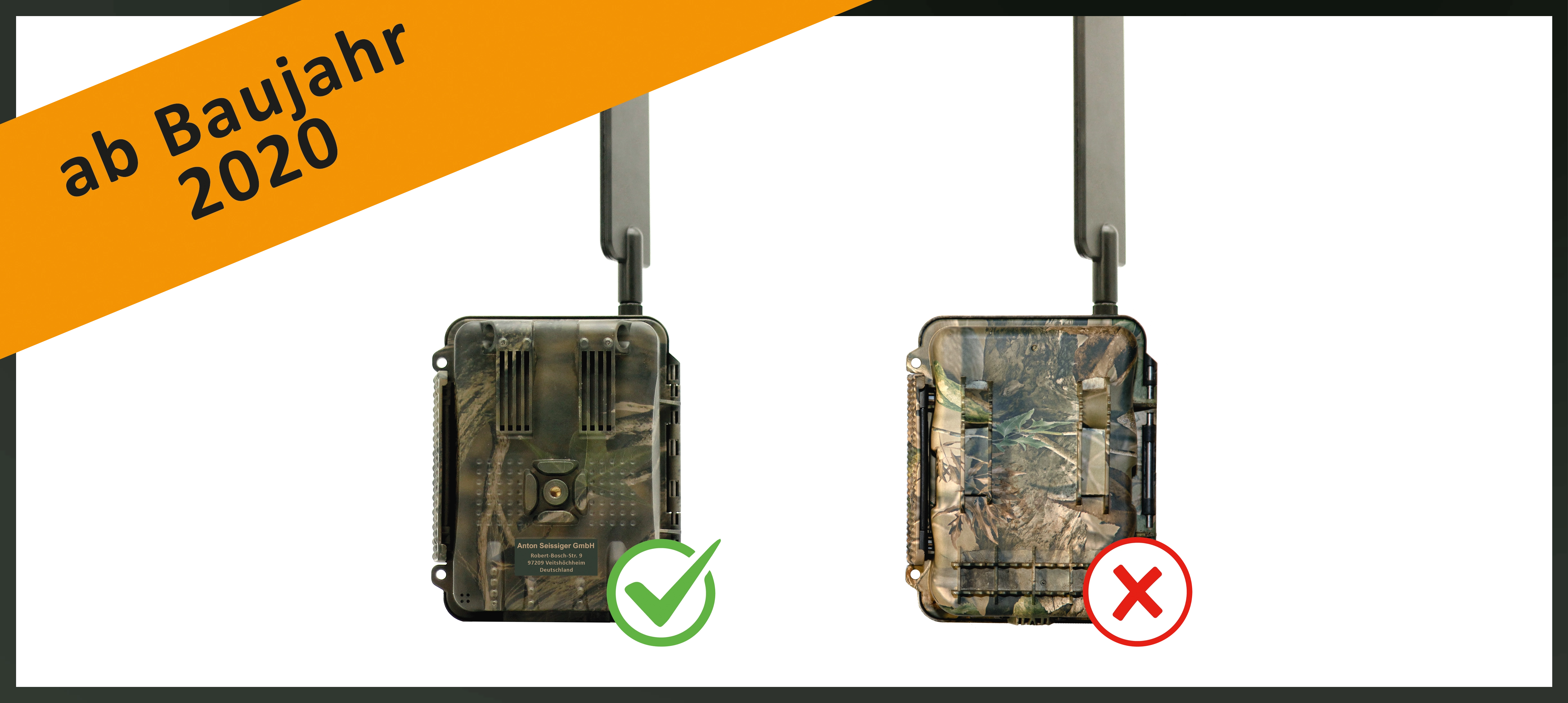 Zwei Wildkameras auf weißem Hintergrund: links im einfachen Tarnmuster mit grünem Häkchen, rechts im detaillierten Tarnmuster mit rotem Kreuz, beide mit Antenne, Banner ‚ab Baujahr 2020‘.