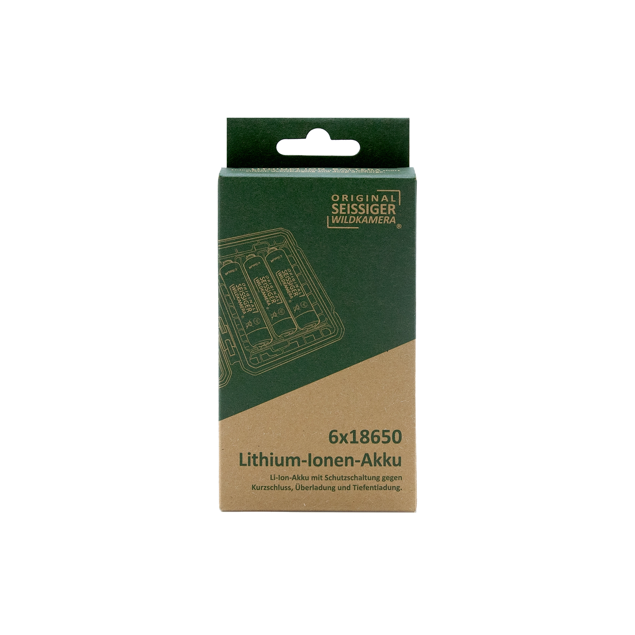 Verpackung mit sechs 18650 Lithium-Ionen-Akkus der Marke Seissiger mit Schutzschaltung gegen Kurzschluss, Überladung und Tiefentladung