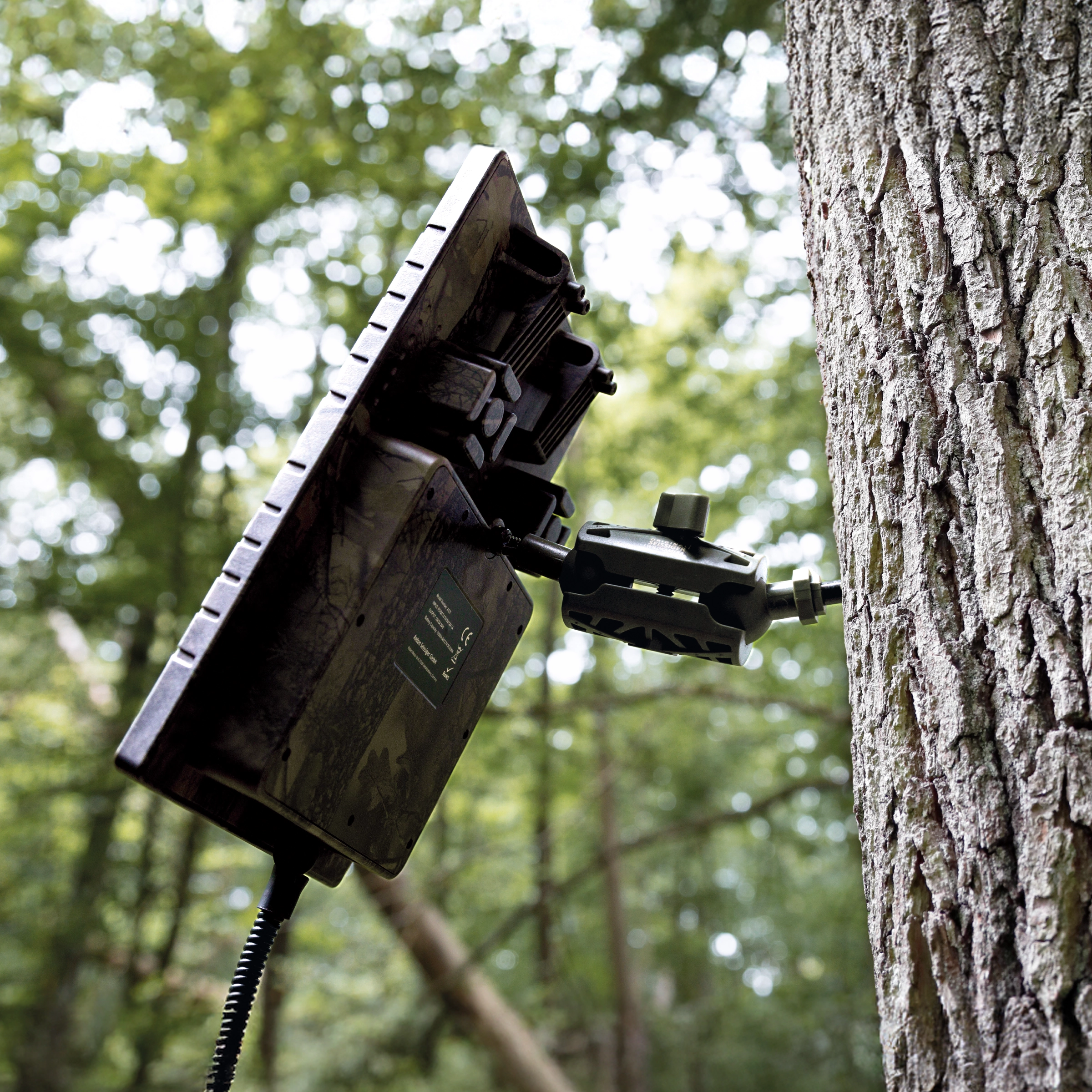 SEISSIGER Solarpanel befestigt an einem Baum mit einem Baumstativ mit Kugelgelenk