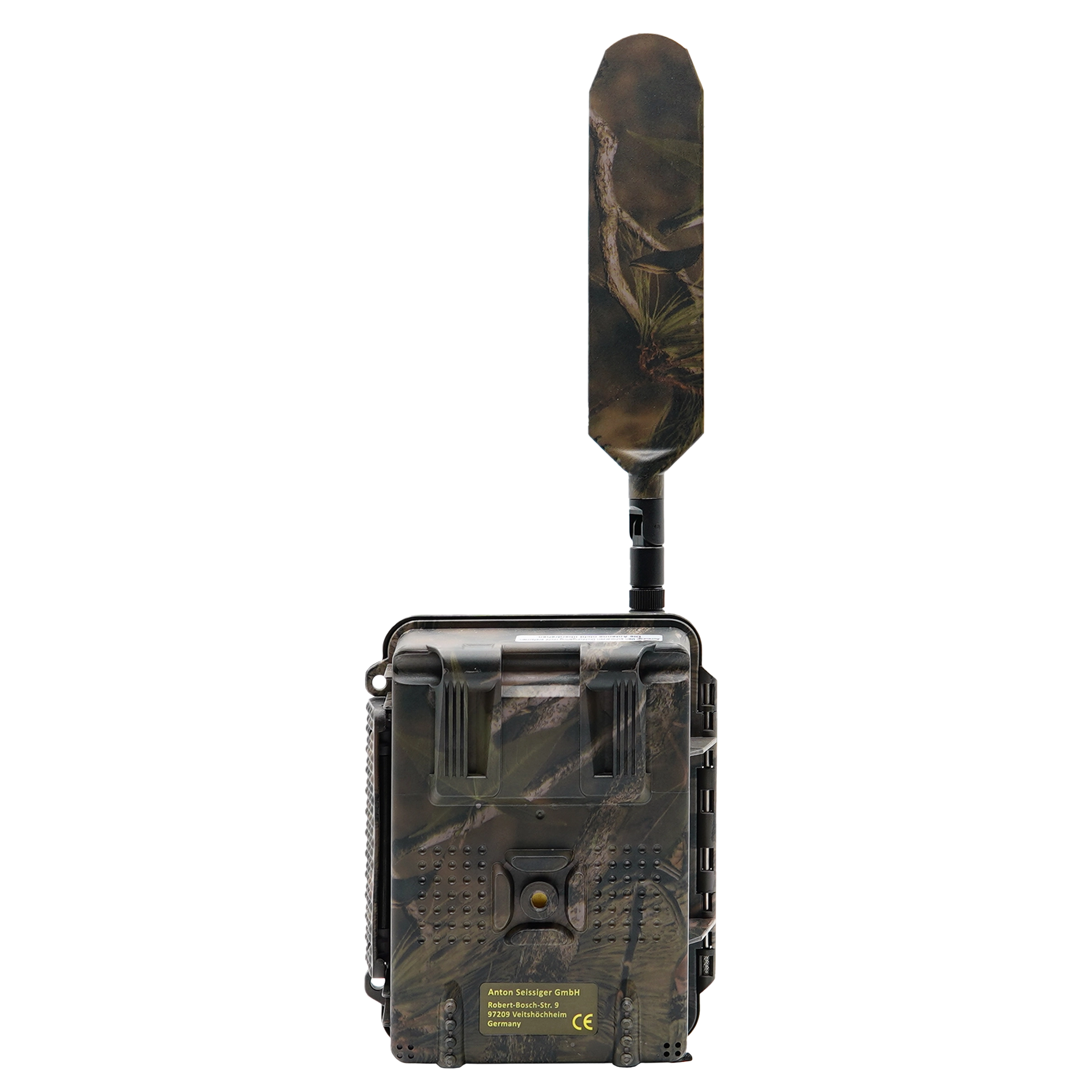 Rückseite der SEISSIGER Base-Cam LTE Wildkamera mit sichtbarem Montagegewinde zur Befestigung an Stativ oder Halterung.