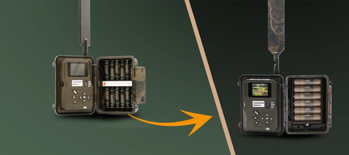 Gegenüberstellung zweier Seissiger Special-Cam LTE Wildkameras: links geöffnet mit Batterien, rechts geöffnet mit Akkus, beide mit Display und Bedienknöpfen, orangefarbener Pfeil zeigt Umrüstung, dunkelgrüner Hintergrund.