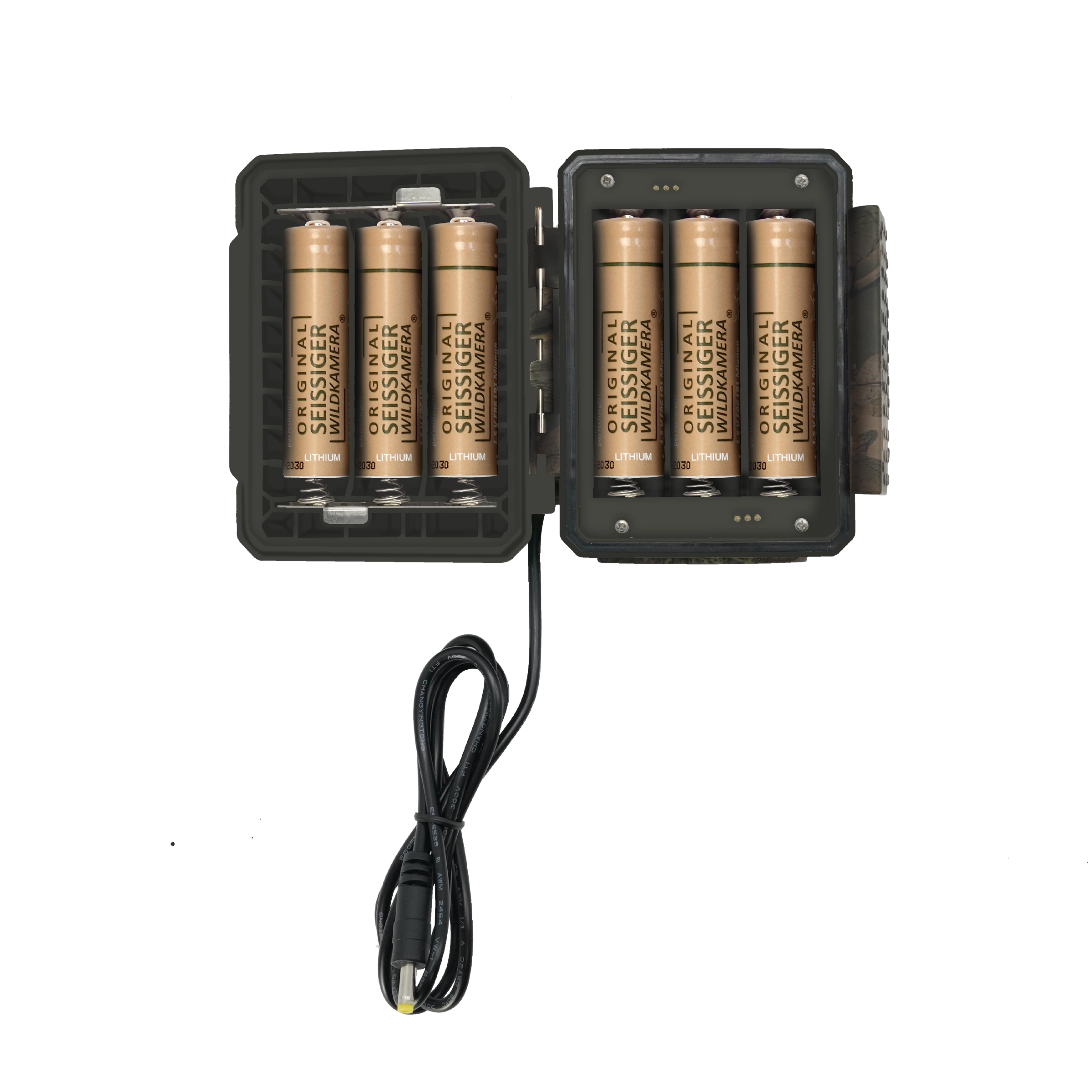 Offener Akkupack mit sechs zylindrischen Li-Ion-Akkus der Marke Seissiger und angeschlossenem Kabel