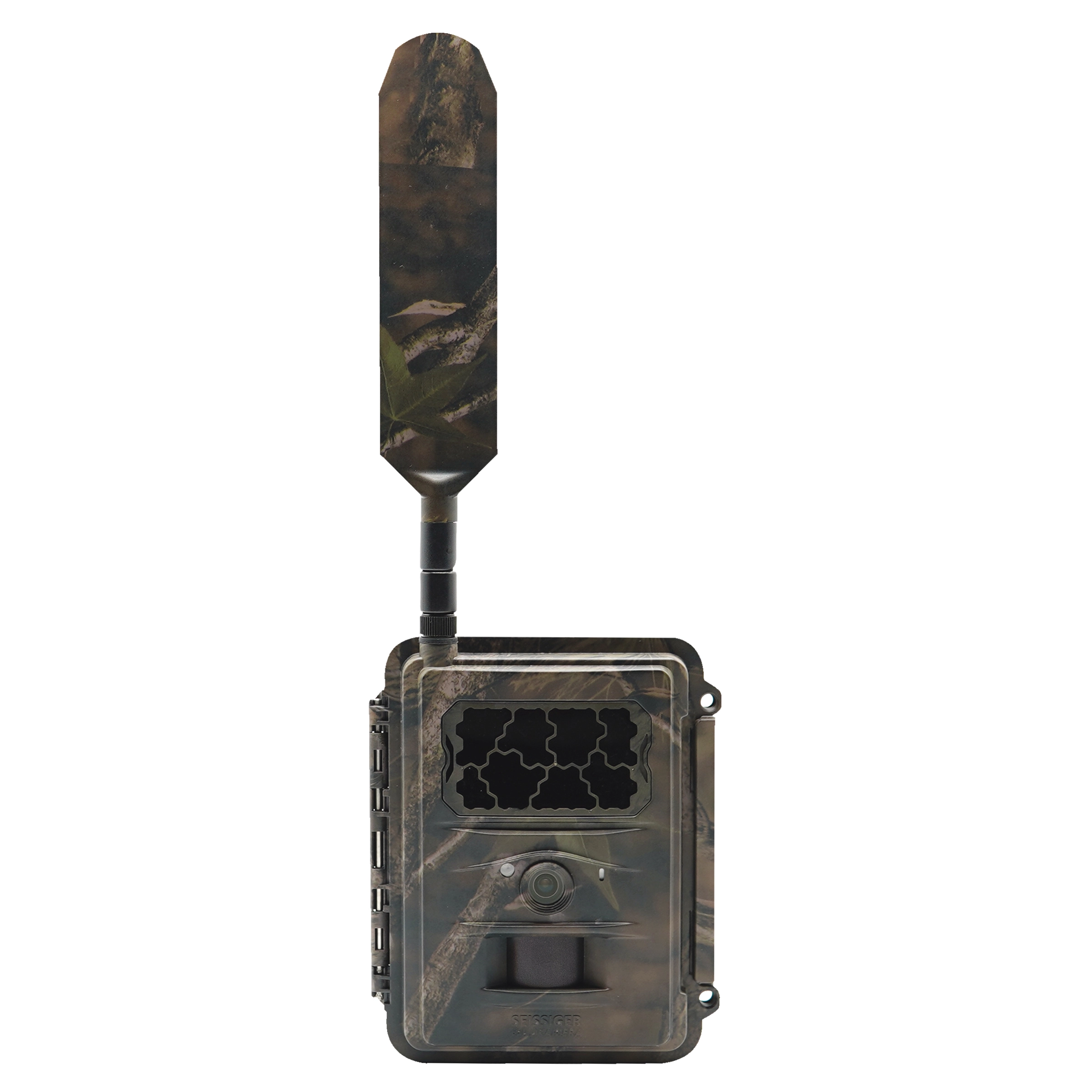 Seissiger Wildkamera Base-Cam LTE in Camouflage, Frontalansicht mit montierter LTE-Antenne